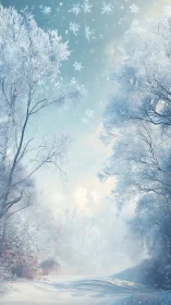 Frozen woodland corridor rendered in luminous winter atmosphere
