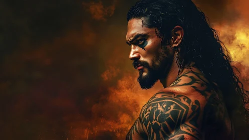 Tattooed warrior profile in fiery cinematic portrait lighting.