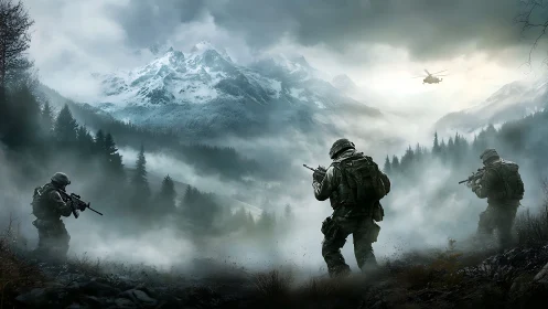 Armed soldiers advancing through misty conifer valley.
