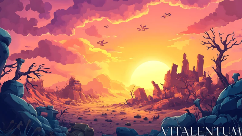 Sunset burns across a ruined wasteland of crumbling ruins