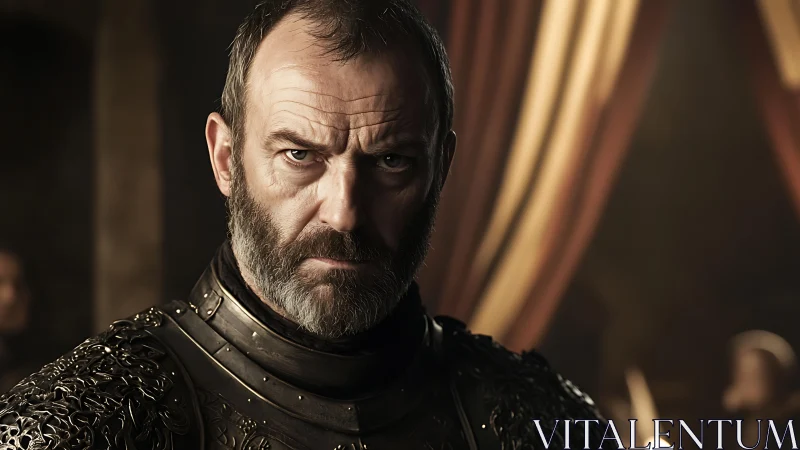 Medieval armored man stares forward with stern intensity