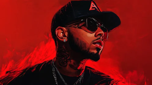 Crimson backdrop crowns cool urban portrait in bold strokes.