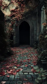 Stone arch doorway with red leaves on weathered pathway.