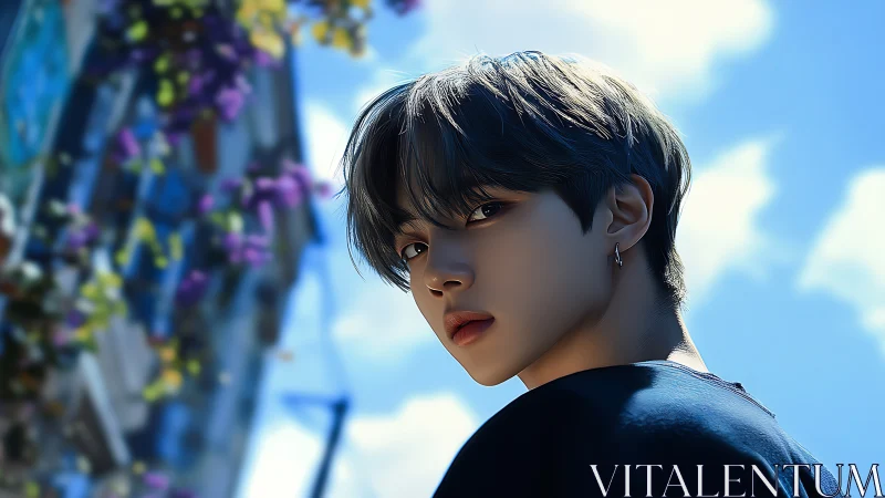 Soft-eyed stranger pauses beneath sky-splashed city blooms