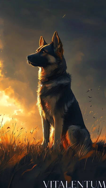 German shepherd sits in tall grass under warm sunset light