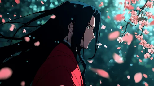 Anime profile portrait in drifting sakura bokeh field.