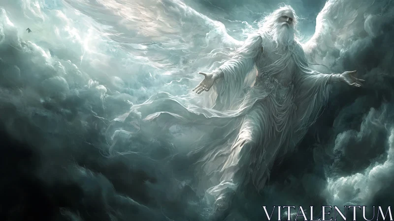 Celestial robed angel emerging dynamically from turbulent clouds