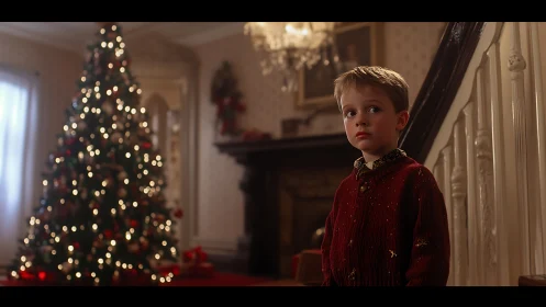 Pensive child by staircase in softly lit Christmas interior