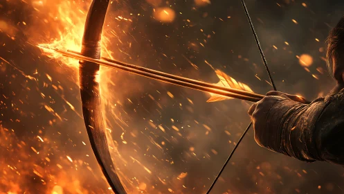 Flaming bow draws twin arrows through dense falling embers