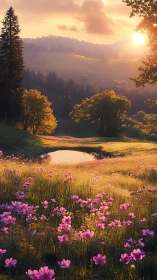 Sunlit wildflower meadow surrounds reflective hilltop pond