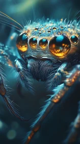 Macro render isolates iridescent spider eyes in shallow depth