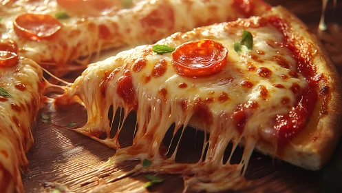 Cheese-laden pepperoni pizza slice stretches with molten strands