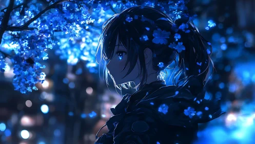 Midnight blossoms drift around a quiet neon-lit dreamer