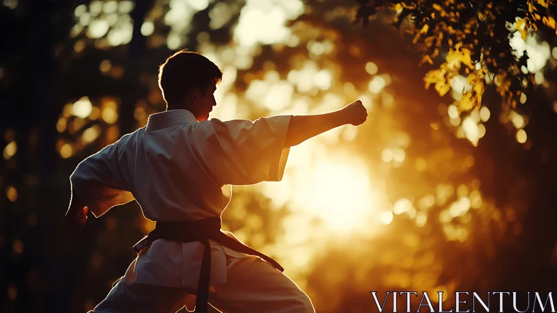 Golden hour karate practice in a peaceful forest glow.