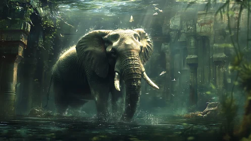 Majestic elephant strides through flooded ancient ruins.