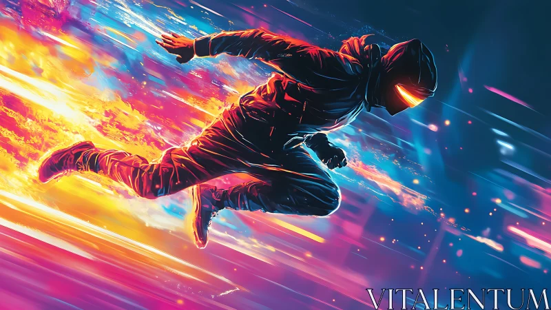 Hooded runner figure moves through neon motion streak field