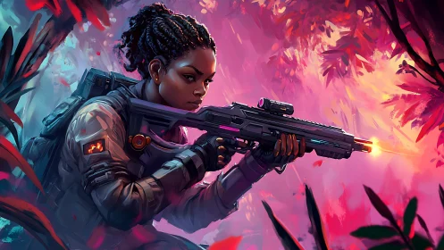 Focused sci fi soldier aims rifle in neon jungle scene.