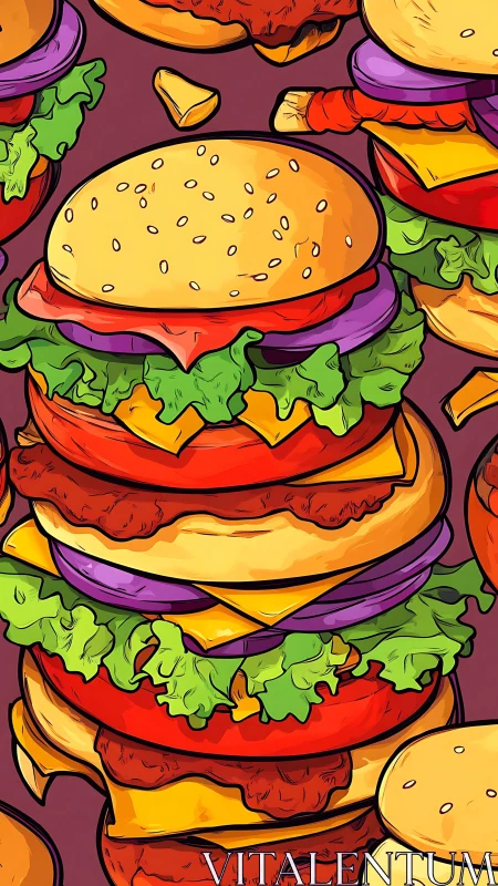 Stacked cartoon burgers burst with bold layered color.