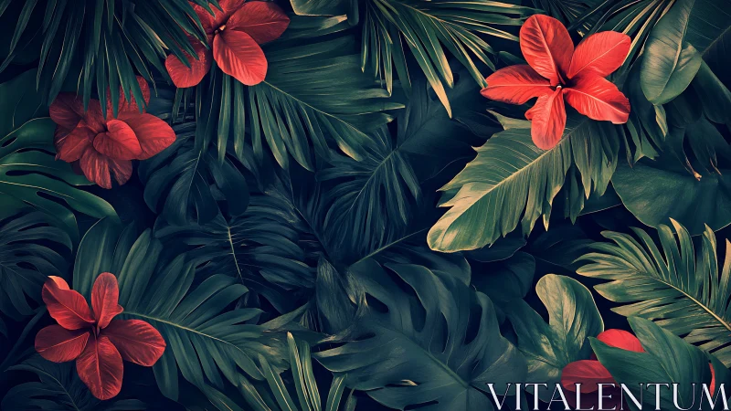 Red Tropical Flowers Nested Within Verdant Foliage Composition