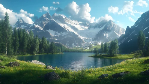 High alpine glacial lake with conifer forest and snow peaks