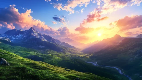 Sunlit alpine valley unfolds beneath glowing mountain peaks.