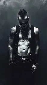 Brooding tattooed punk stands in stark cinematic shadow