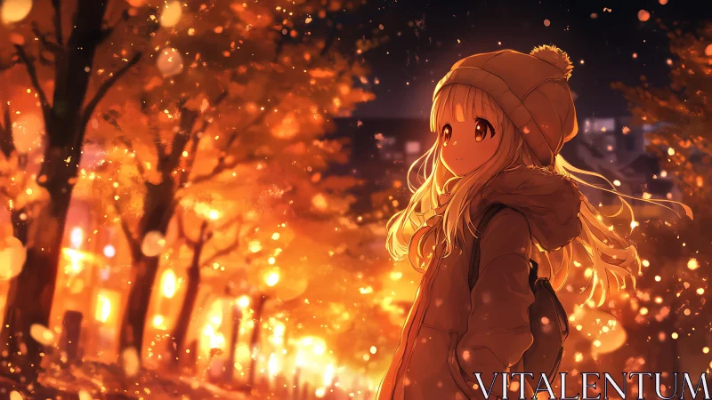 Autumn city walkway with glowing bokeh and pensive girl.