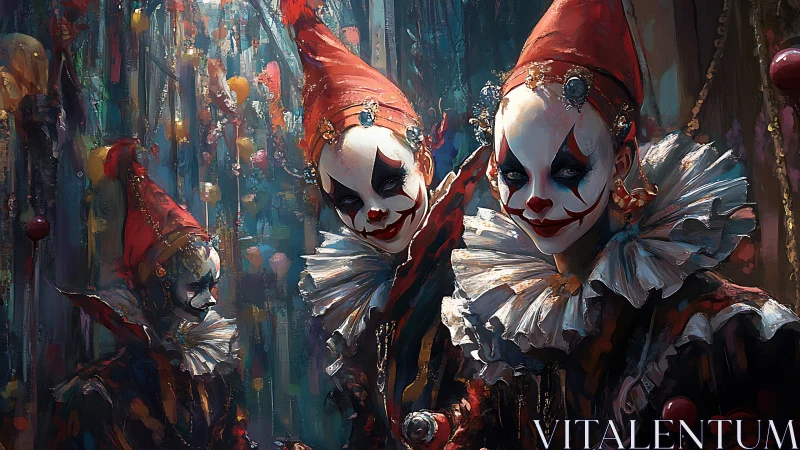 Triad of jewel-crowned harlequins in luminous carnival haze