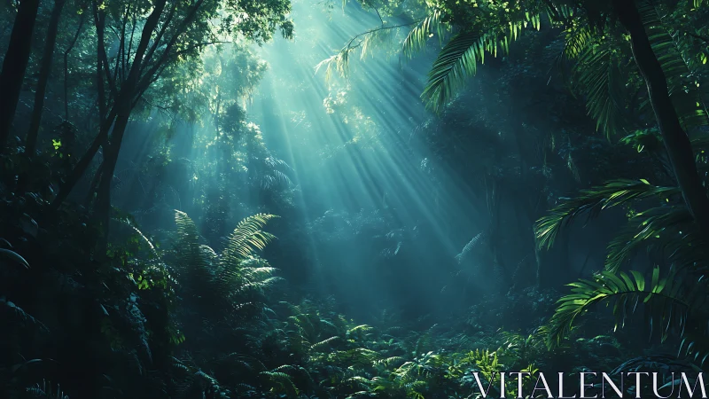 Tropical forest canopy with dramatic light rays piercing dense vegetation.