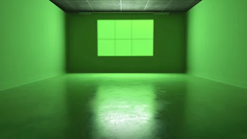 Monochrome green studio interior with reflective epoxy floor.