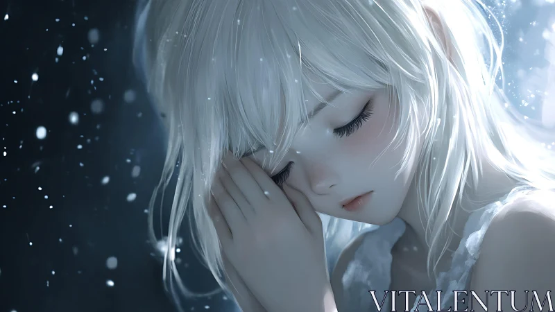 Gentle winter dream with a sleeping silver haired girl.