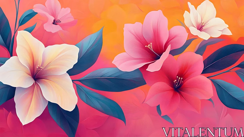 Vibrant Floral Gradient: Pink and Coral Blooms with Rich Foliage