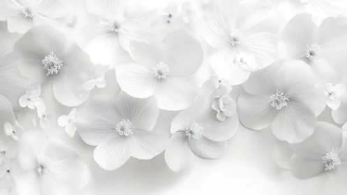 Ethereal White Floral Composition with Delicate Petals and Radiating Stamen Detail.