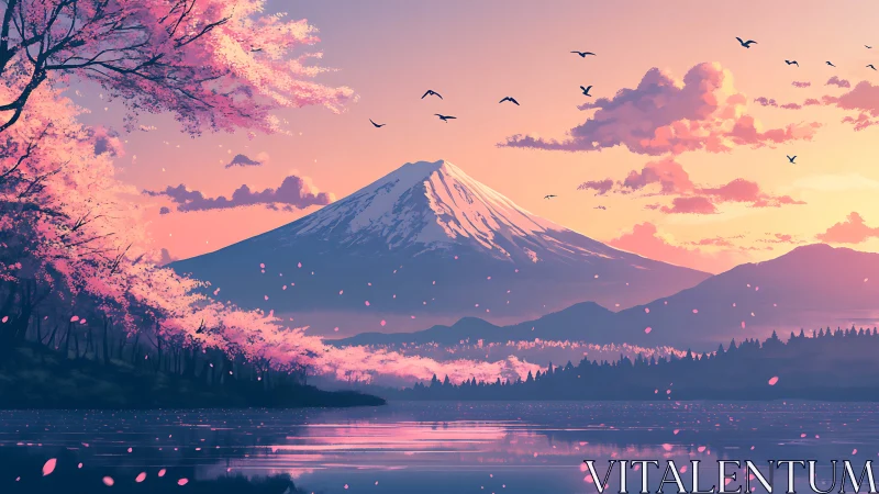 Chromatic Mt. Fuji vista with atmospheric cherry blossom dynamics.