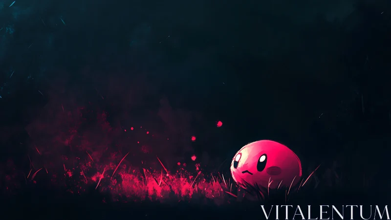 Lonely pink orb glows softly in a dark neon meadow.