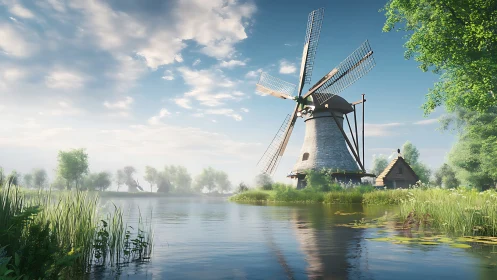 Windmill beside calm river with trees under partly cloudy sky.