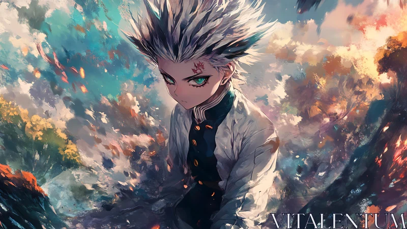 Storm-lit anime warrior amid swirling elemental sky.