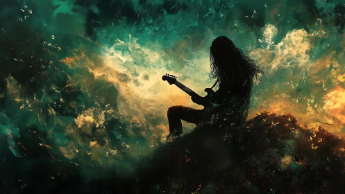 Silhouetted rock guitarist against stormy abstract sky.