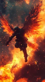 Armored figure with flaming wings descending through fire.