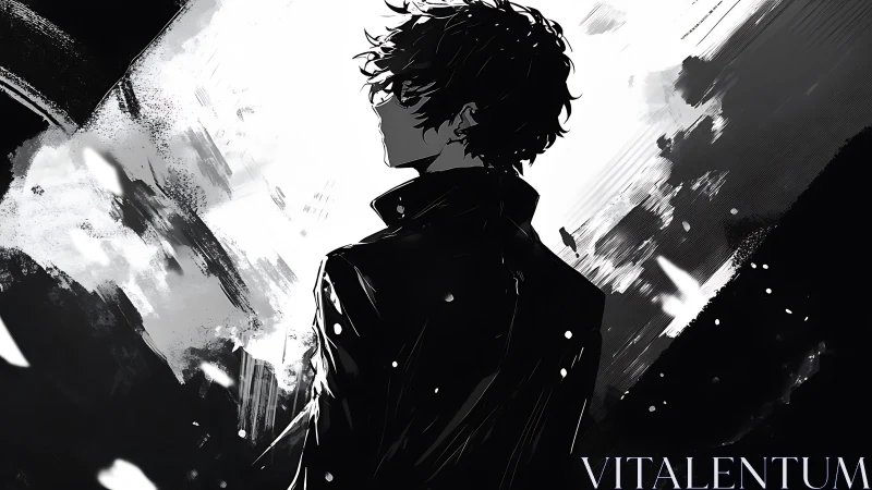 Silhouetted youth in monochrome ink-stroke abstraction stands alone