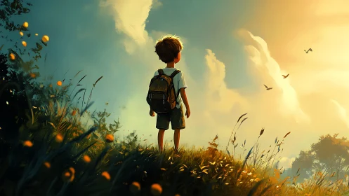 Young explorer gazes into a glowing golden horizon of wonder