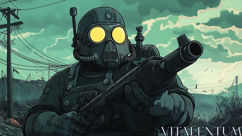 Lone wasteland guardian steps forward under eerie green skies