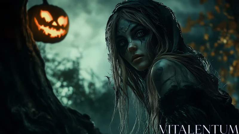 Hooded forest wraith pauses beneath a taunting jack-o’-lantern