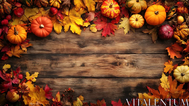 Golden autumn leaves and pumpkins frame a rustic table