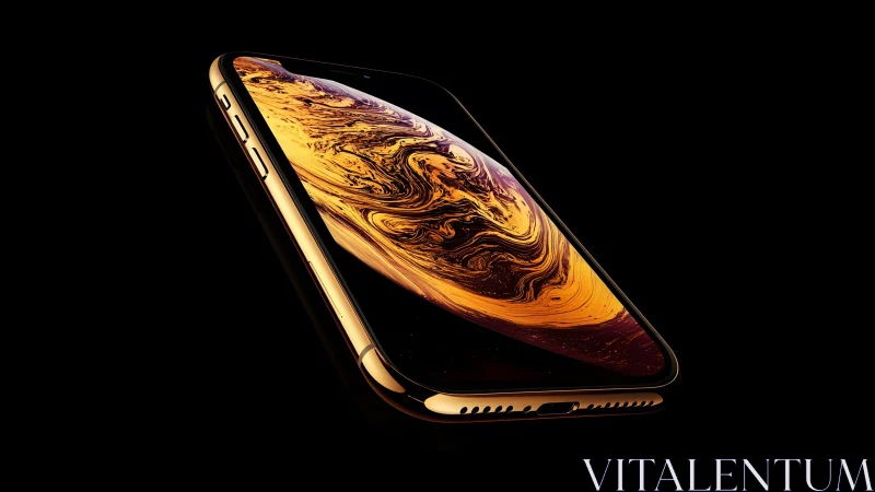 Sleek gold smartphone with abstract wallpaper in dramatic lighting.