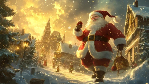 Warm-hearted Santa strolls through a glowing snowy village night