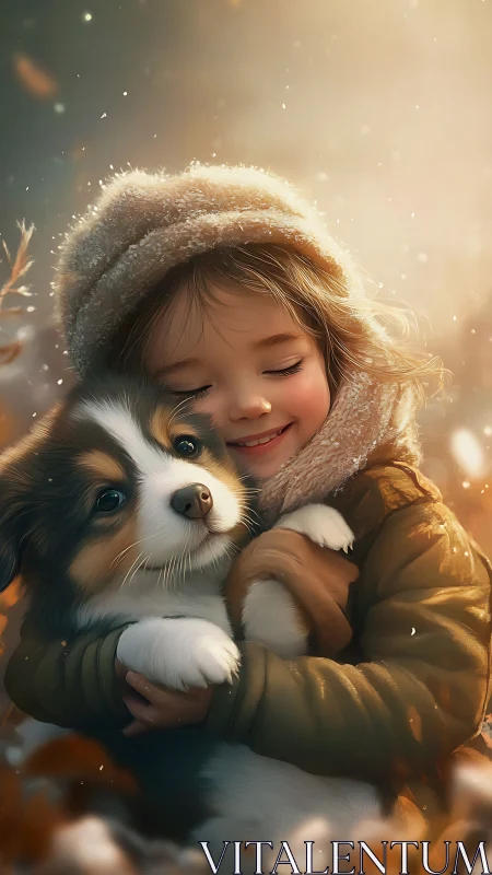 Child embracing corgi puppy in warm golden bokeh lighting