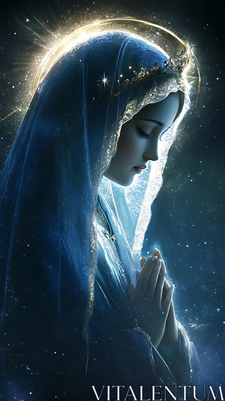 Ethereal veiled maiden in haloed starlit digital portrait.