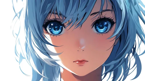 Blue haired anime girl portrait with frontal close-up view.