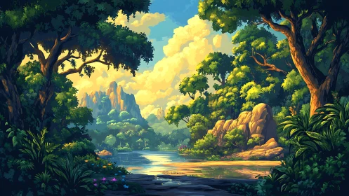Lush jungle landscape with river, ancient rock formations and towering trees